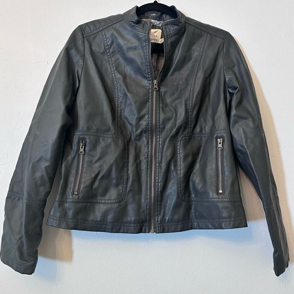 Faded Glory Womens Lined Full Zip Moto Faux Leather Jacket Dark Charcoal Medium